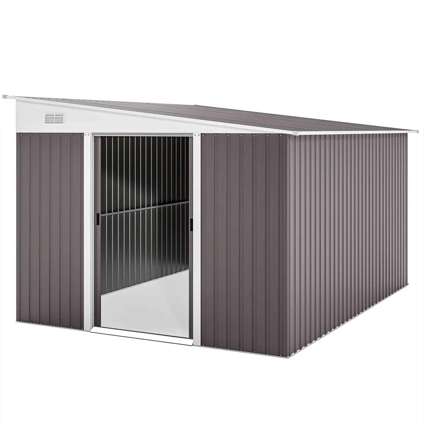 Outsunny 11.3 x 9.2ft Lean to Metal Garden Shed, Waterproof Outdoor Tool & Bike Storage Shed Galvanised with Lockable Double Sliding Doors, Pent Roof and 2 Air Vents, Grey