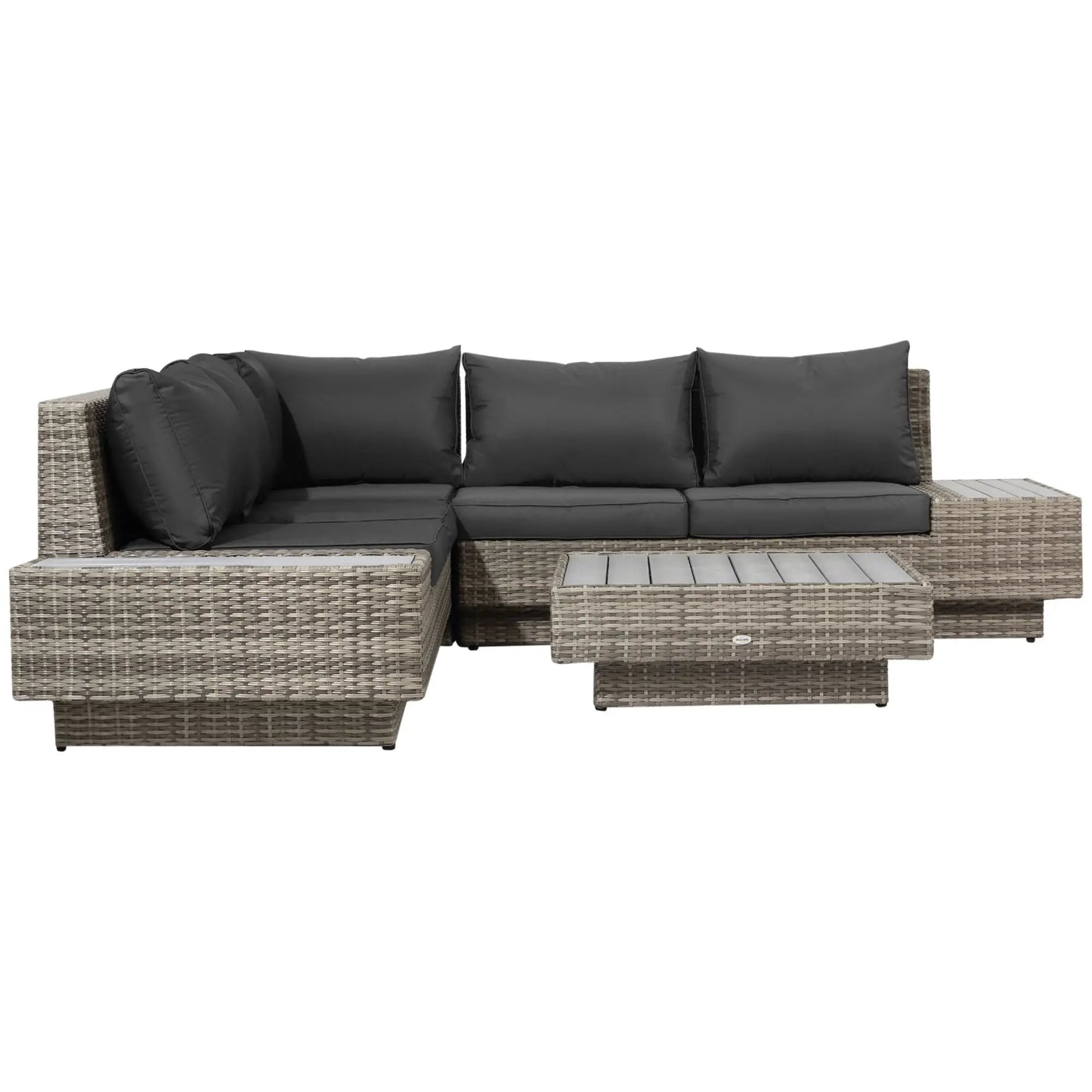 Outsunny 4 PCs Rattan Garden Furniture Outdoor Sectional Corner Sofa and Coffee Table Set Conservatory Wicker Weave Furniture with Armrest and Cushions - Light Grey