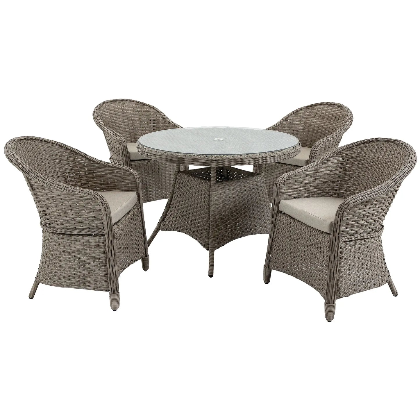 Outsunny 4 Seater Rattan Garden Furniture Set with Cushions, Round PE Rattan Dining Set with Glass-Top Table, Umbrella Hole, Outdoor Garden Table and Chairs, Mixed Grey