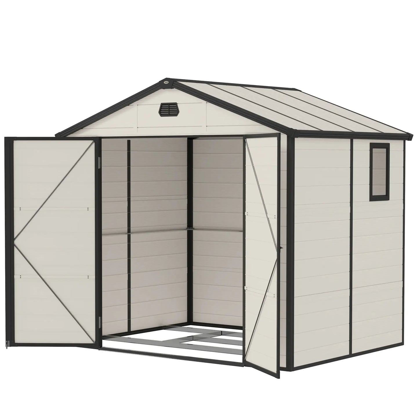 Outsunny 7.9ft x 6.2ft Recycled Garden Shed with Aluminium Frame and Plastic, Wall Shed with Foundation, Waterproof and Rustproof - Cream White