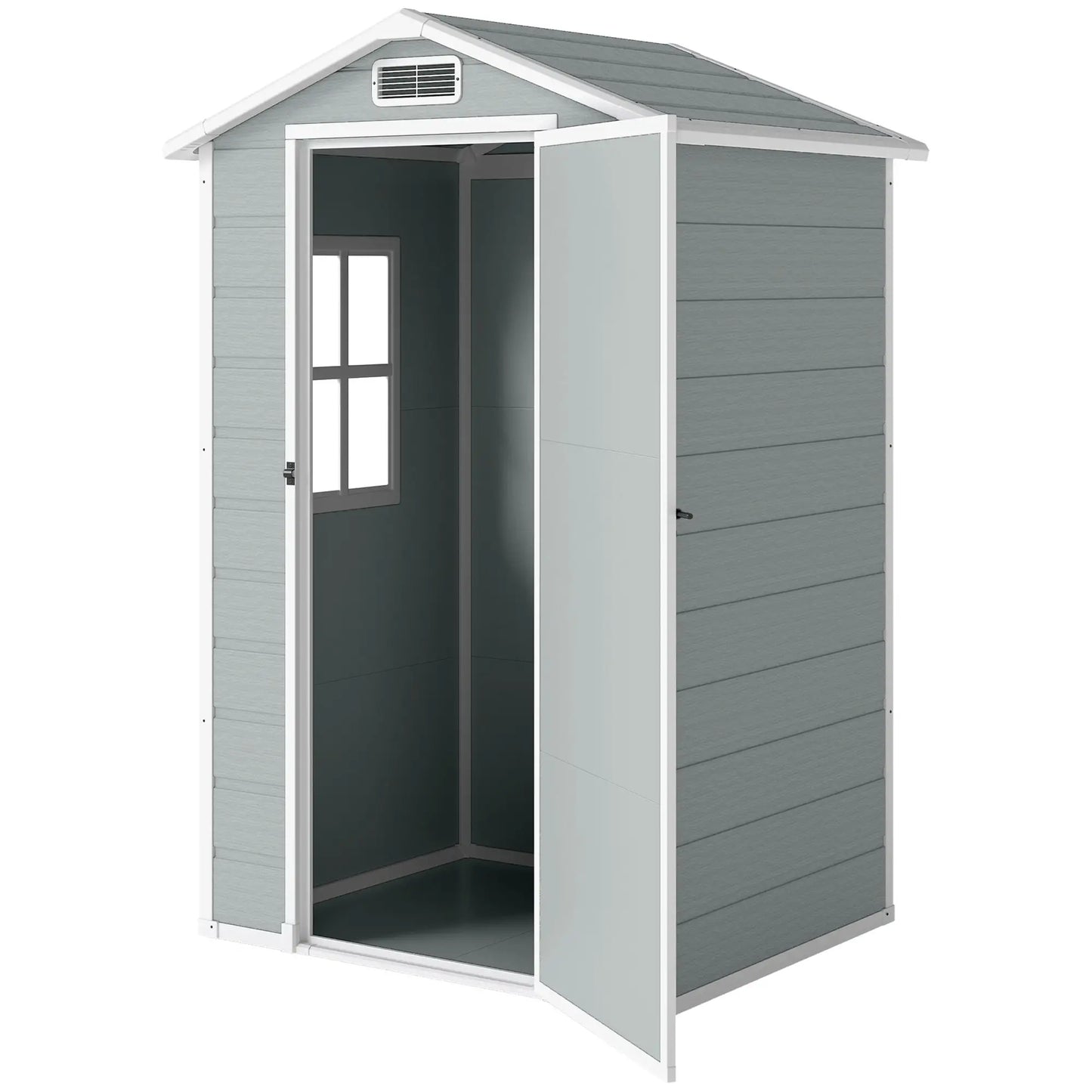 Outsunny 4 x 3ft Plastic Garden Shed with Floor, Lockable Door, Window & Vent – Light Grey