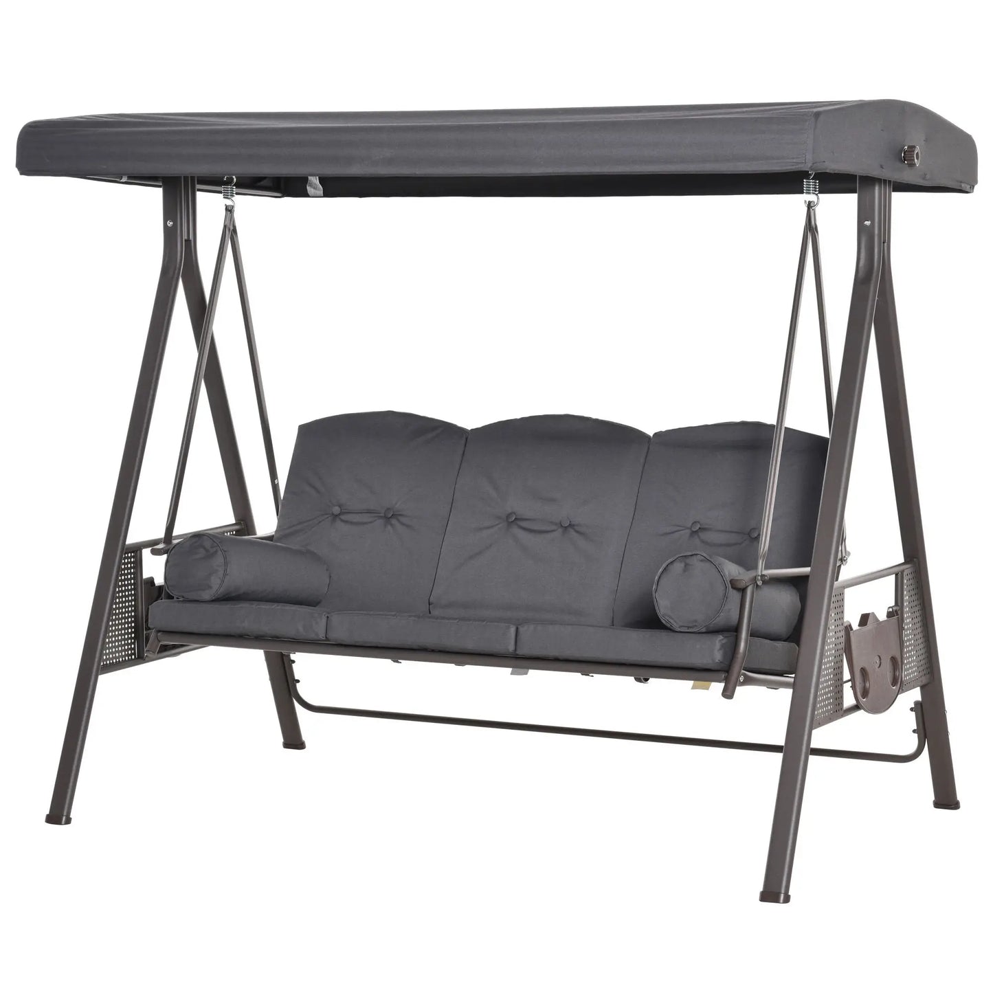 Outsunny 3 Seater Garden Swing Chair Outdoor Hammock Bench w/ Adjustable Canopy, Cushions and Cup Trays, Brown Steel Frame, Dark Grey Fabric