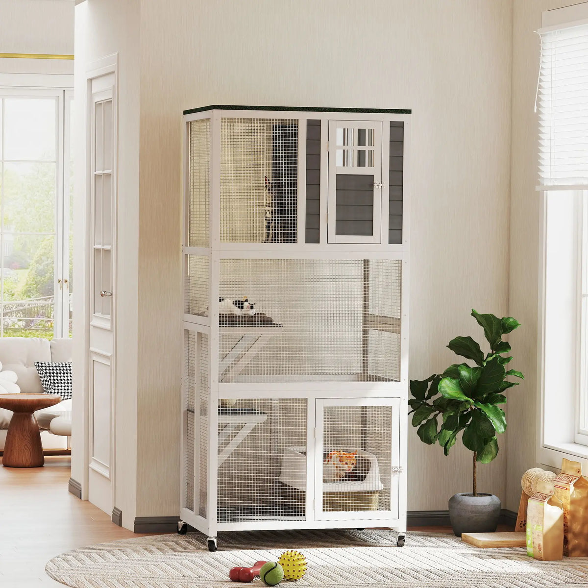 PawHut Wooden Catio Cat Outdoor Enclosure with Waterproof Roof - White