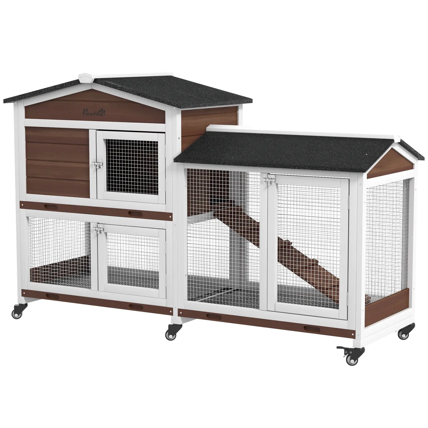 PawHut Wooden Two-Tier Rabbit Hutch with Run & Wheels – Brown