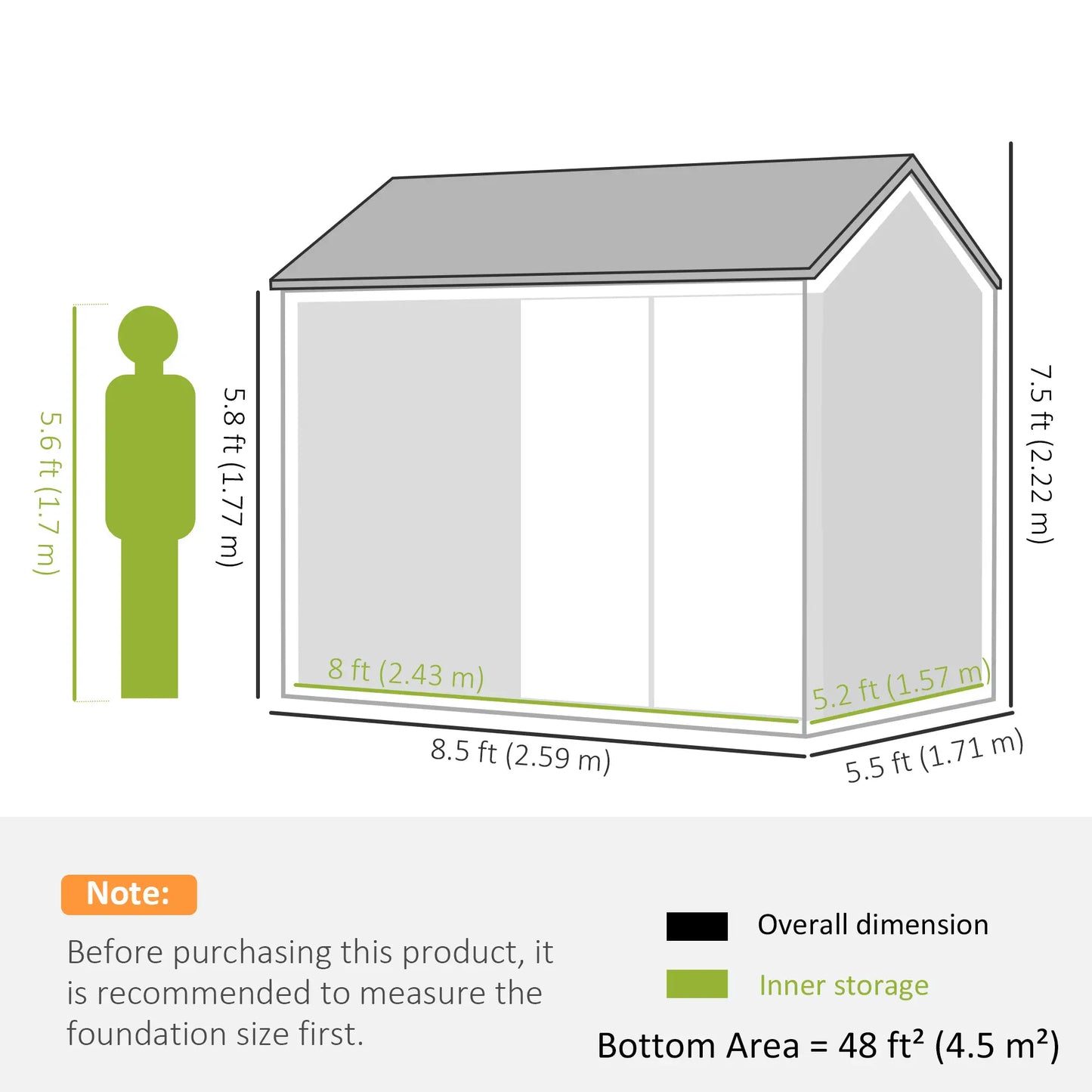 Outsunny 8 x 6ft Metal Garden Shed with Window, Air Vents & Double Doors, Grey