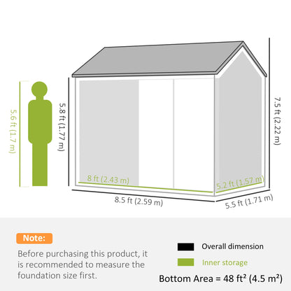 Outsunny 8 x 6ft Metal Garden Shed with Window, Air Vents & Double Doors, Grey