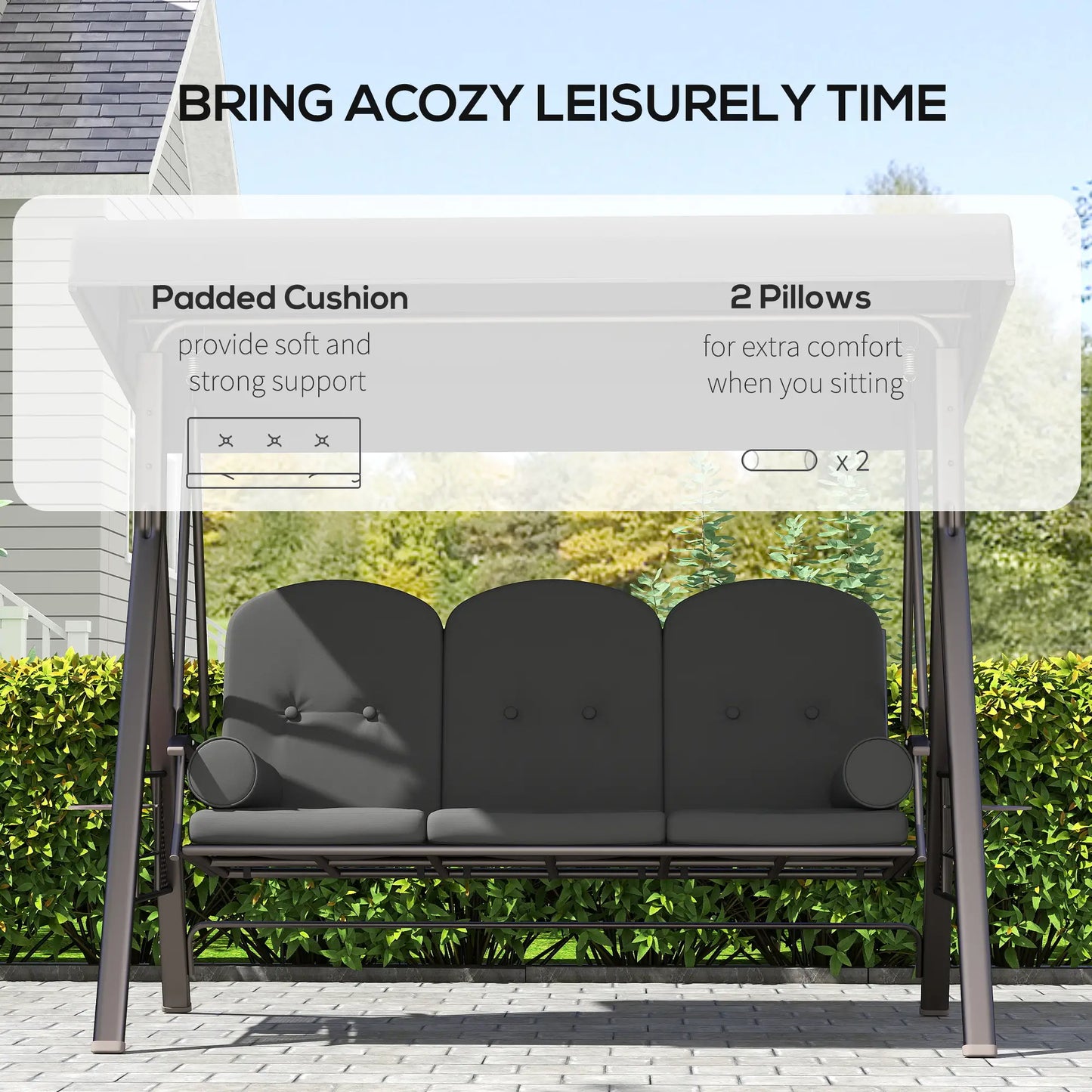 Outsunny 3 Seater Garden Swing Chair Outdoor Hammock Bench w/ Adjustable Canopy, Cushions and Cup Trays, Brown Steel Frame, Dark Grey Fabric
