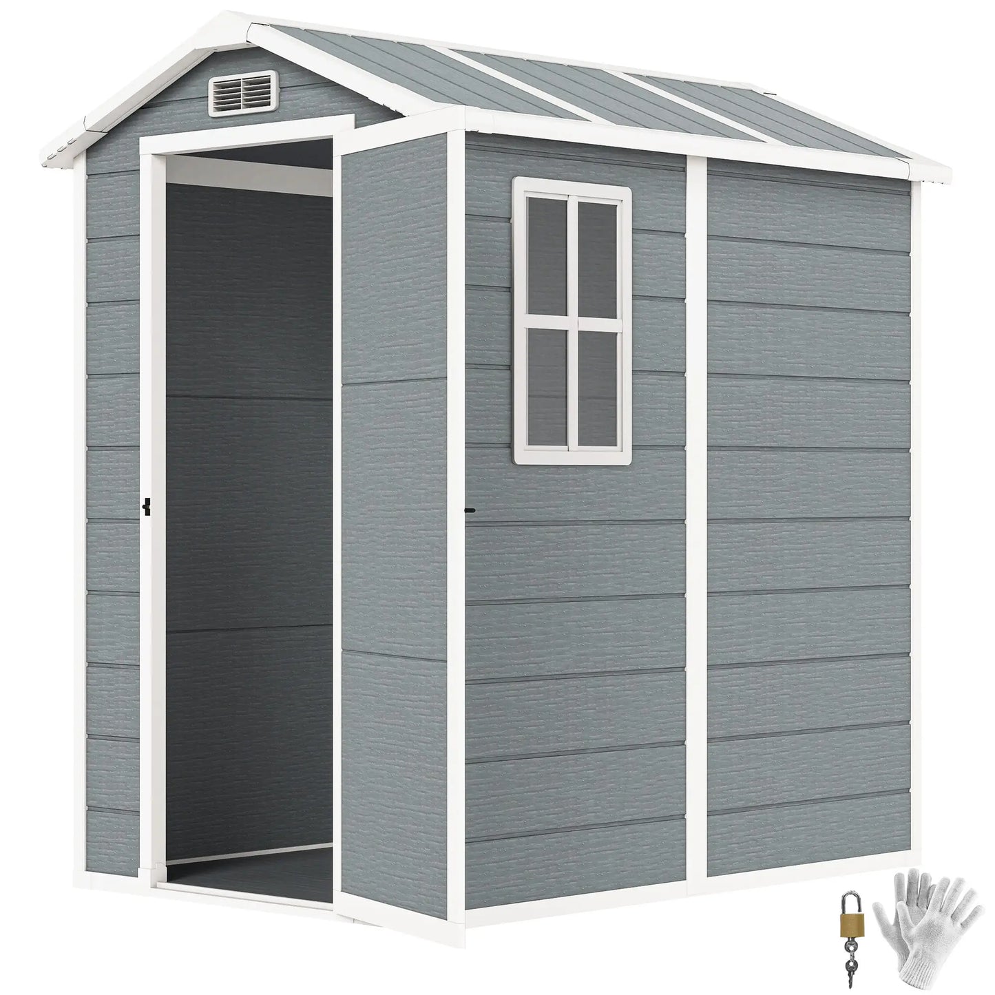 Outsunny 4 x 6ft Resin Garden Shed with Floor, Window, Lockable Door & Vents – Grey