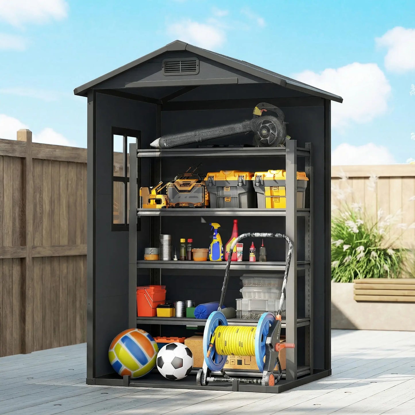 Outsunny 4 x 3ft Plastic Garden Shed with Floor, Lockable Door, Window & Vent – Dark Grey