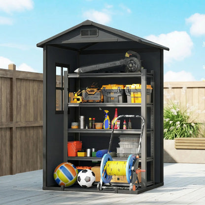 Outsunny 4 x 3ft Plastic Garden Shed with Floor, Lockable Door, Window & Vent – Dark Grey