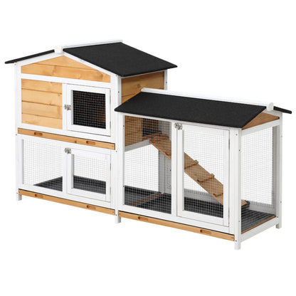 PawHut Two-Tier Wooden Rabbit Hutch with Run & Removable Trays – Yellow