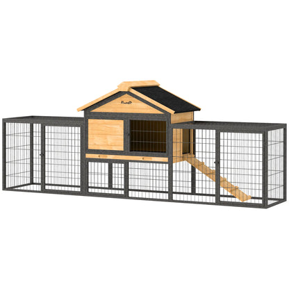 PawHut Outdoor Wooden Rabbit Hutch with Steel Run, Ramp &amp; Removable Tray