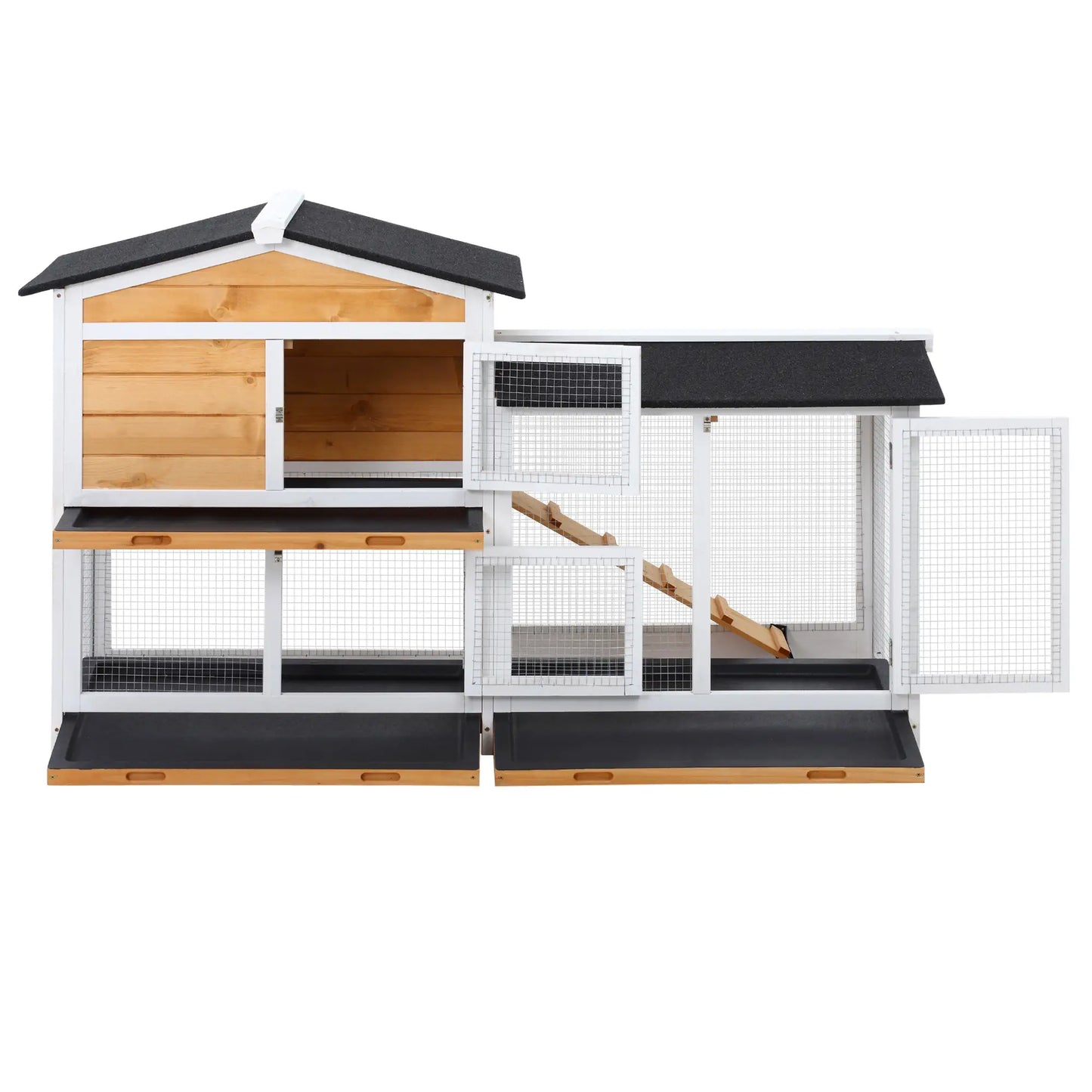 PawHut Two-Tier Wooden Rabbit Hutch with Run & Removable Trays – Yellow