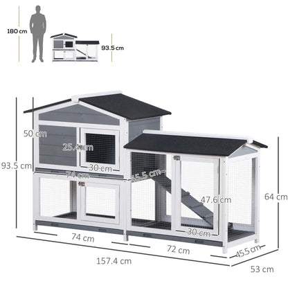 PawHut Wooden Two-Tier Rabbit Hutch with Ramp & Removable Trays – Grey
