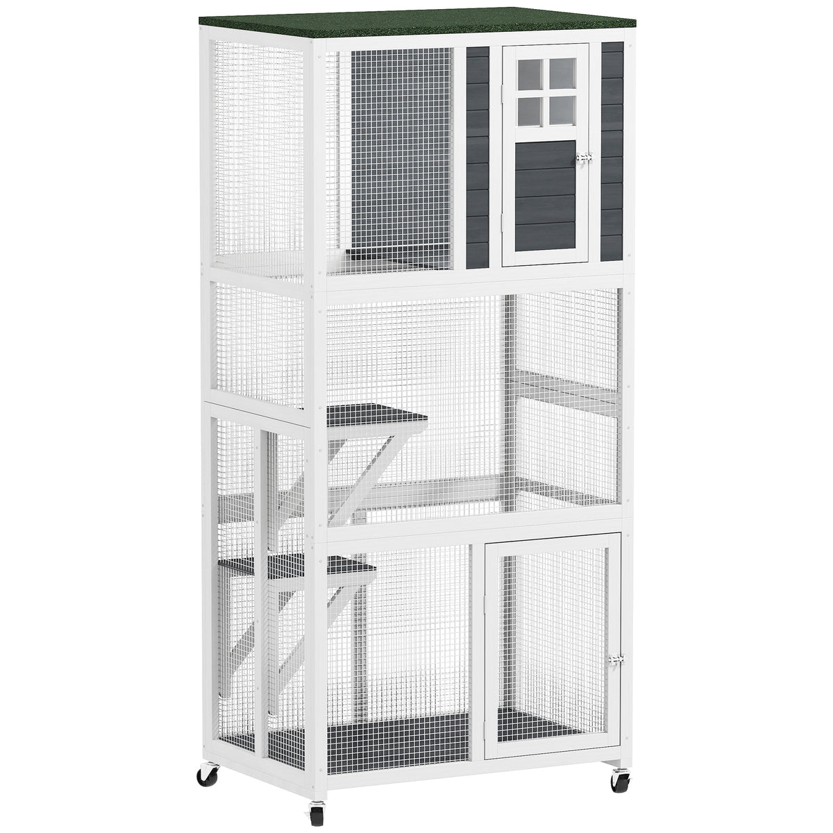 PawHut Wooden Catio Cat Outdoor Enclosure with Waterproof Roof - White