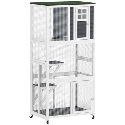 PawHut Wooden Catio Cat Outdoor Enclosure with Waterproof Roof - White