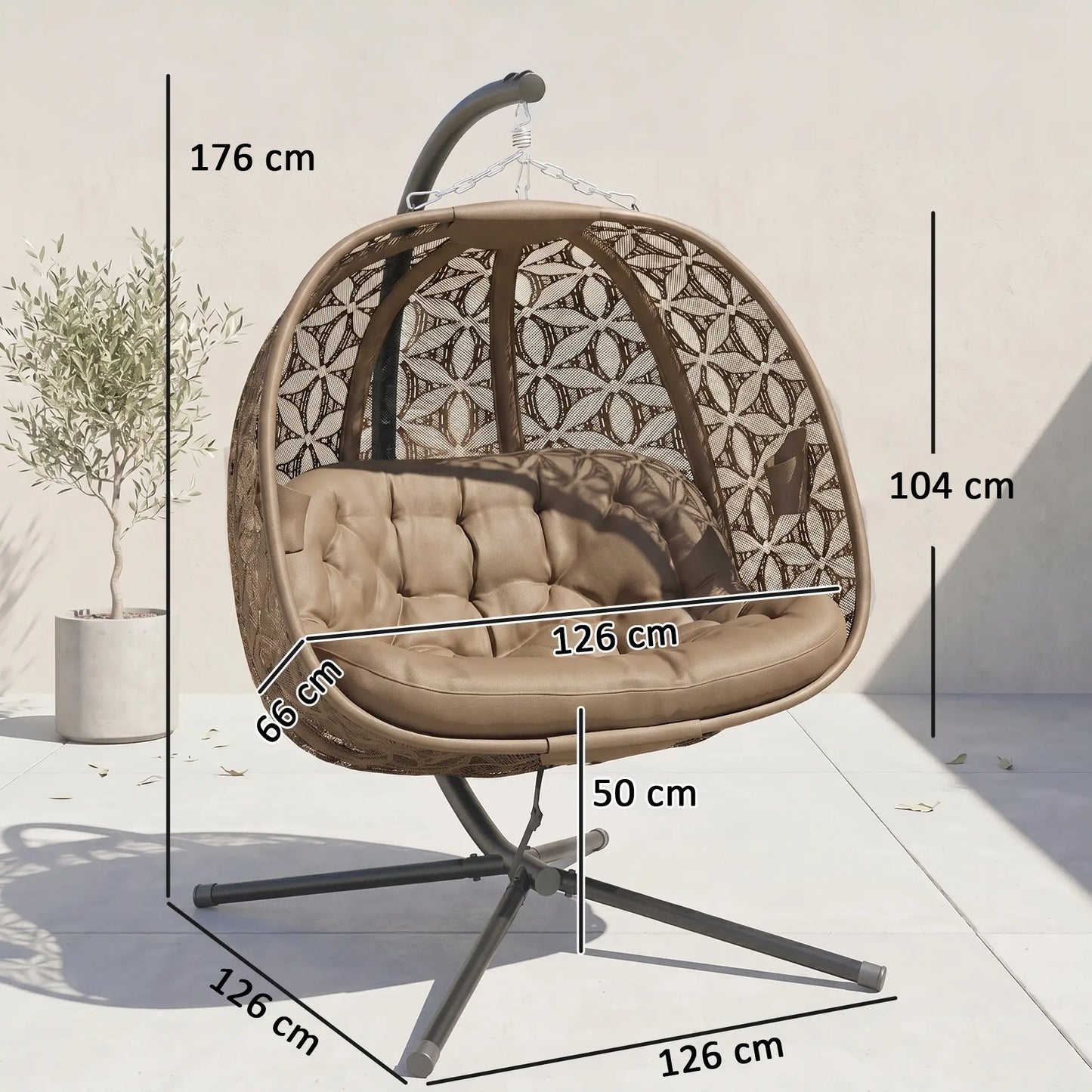 Outsunny Outdoor Double Hanging Chair with Cushion and Cup Holders, Sand Brown
