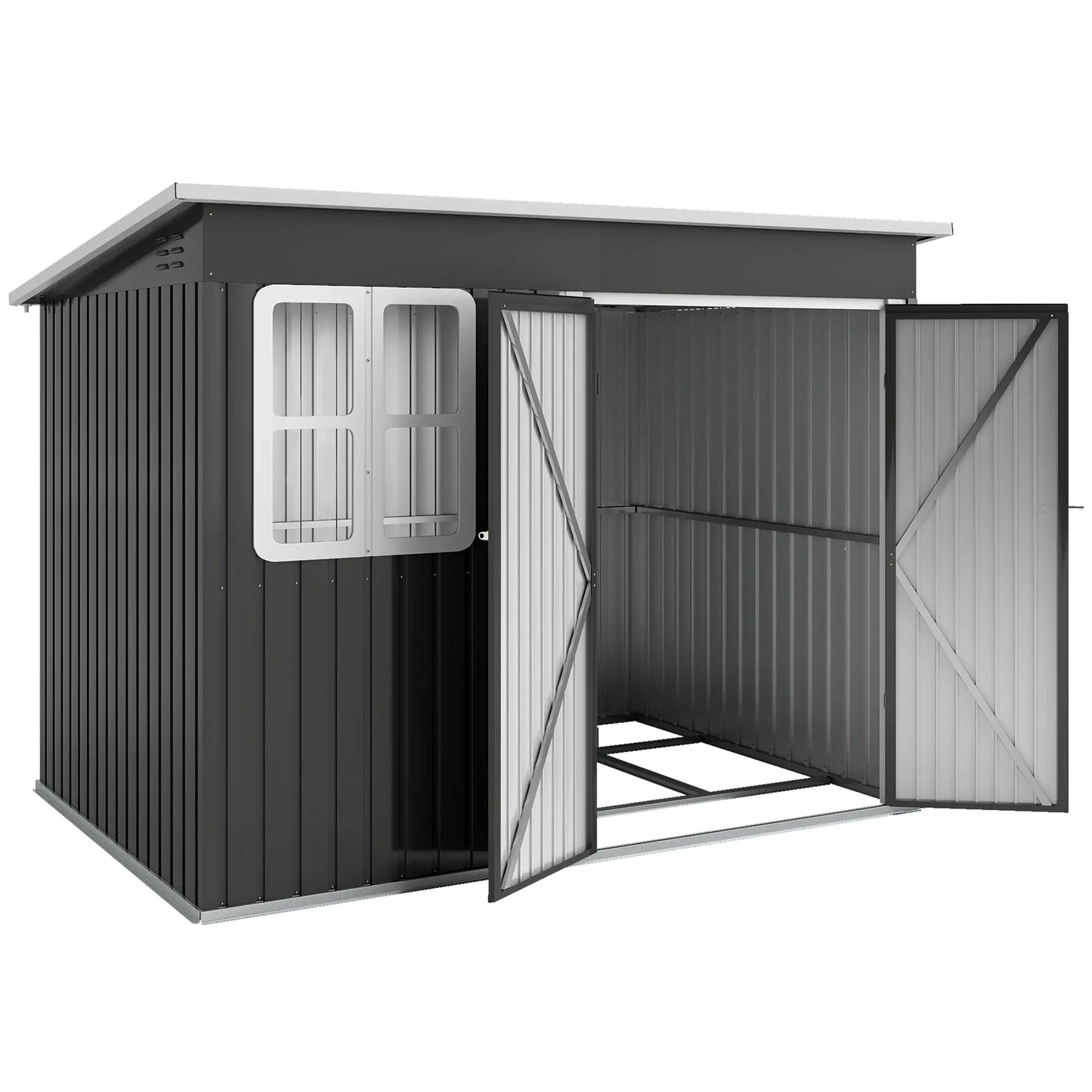 Outsunny 8.5 x 6ft Galvanised Steel Garden Storage Shed with Window & Lockable Doors, Dark Grey