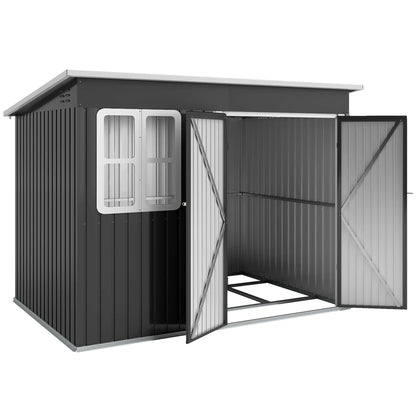 Outsunny 8.5 x 6ft Galvanised Steel Garden Storage Shed with Window & Lockable Doors, Dark Grey