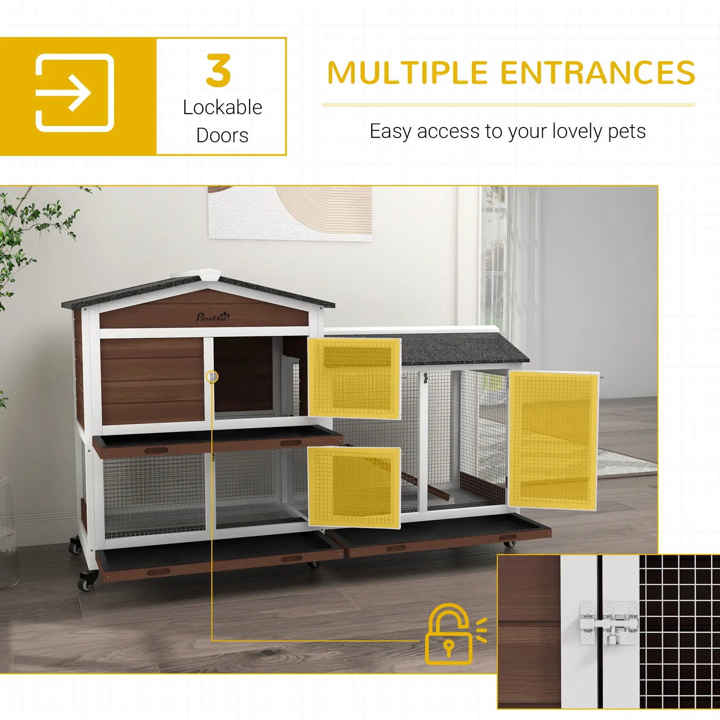 PawHut Wooden Two-Tier Rabbit Hutch with Run & Wheels – Brown