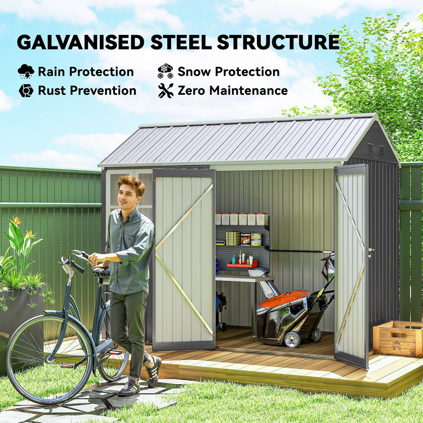 Outsunny 8 x 6ft Metal Garden Shed with Window, Air Vents & Double Doors, Grey