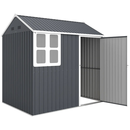 Outsunny 7 x 6ft Galvanised Garden Shed with Latch and Galvanised Steel Frame - Dark Grey