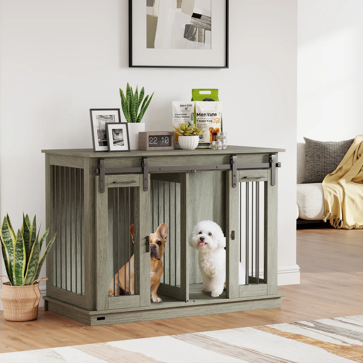 PawHut Dog Crate Furniture for Large Dogs & Small Dogs with Divider – Grey