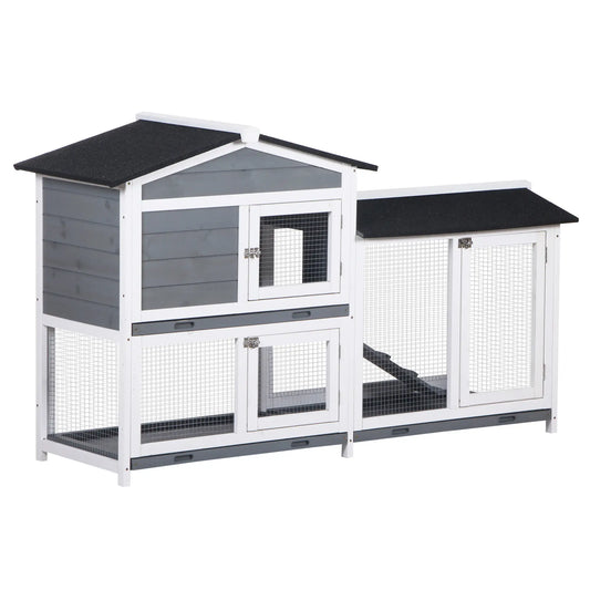 PawHut Wooden Two-Tier Rabbit Hutch with Ramp & Removable Trays – Grey