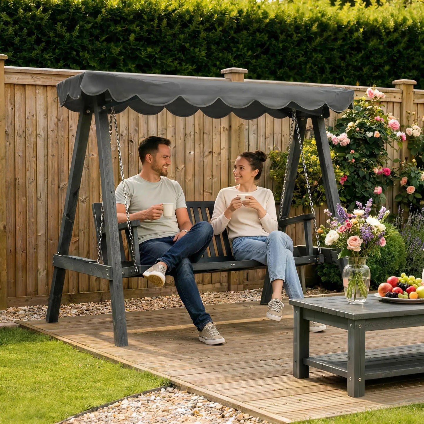 Outsunny 3 Seater Garden Swing Seat with Canopy, Wooden Swing Chair, Outdoor Hammock Bench for Balcony Patio Porch, Grey