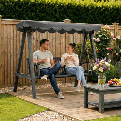 Outsunny 3 Seater Garden Swing Seat with Canopy, Wooden Swing Chair, Outdoor Hammock Bench for Balcony Patio Porch, Grey