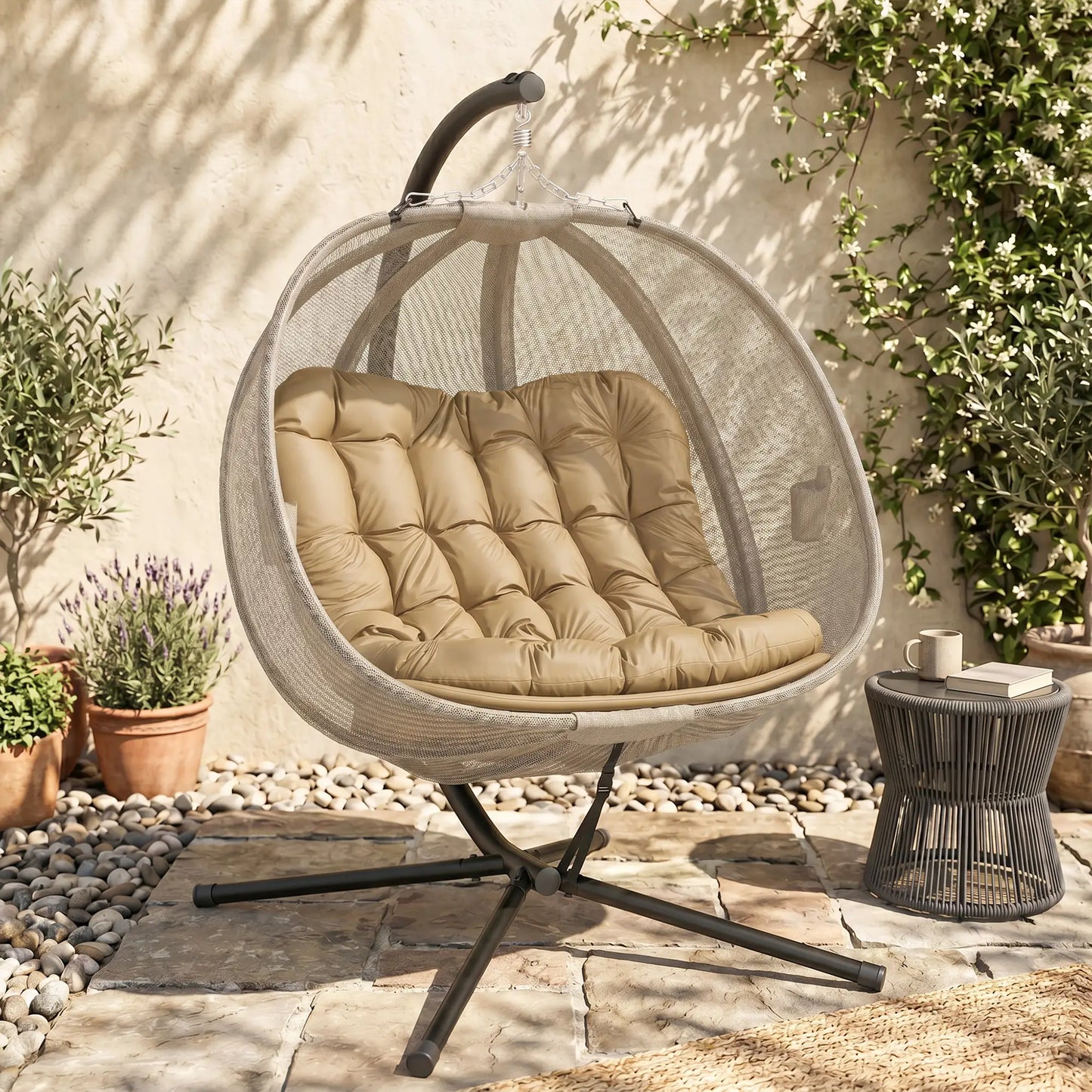 Outsunny Double Hanging Egg Chair 2 Seaters Texteline Swing Hammock Chair with Stand, Cushion and Folding Design, for Indoor and Outdoor, Brown