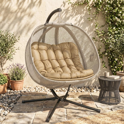Outsunny Double Hanging Egg Chair 2 Seaters Texteline Swing Hammock Chair with Stand, Cushion and Folding Design, for Indoor and Outdoor, Brown