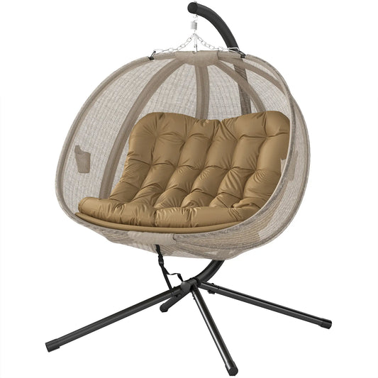 Outsunny Double Hanging Egg Chair 2 Seaters Texteline Swing Hammock Chair with Stand, Cushion and Folding Design, for Indoor and Outdoor, Brown