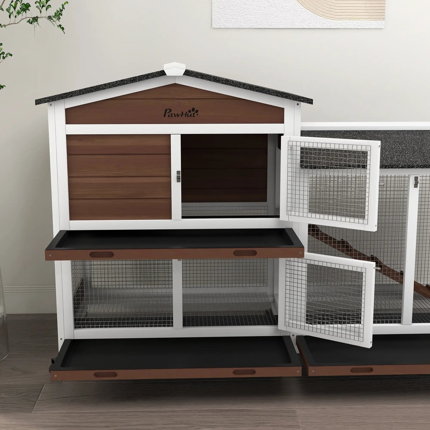 PawHut Wooden Two-Tier Rabbit Hutch with Run & Wheels – Brown
