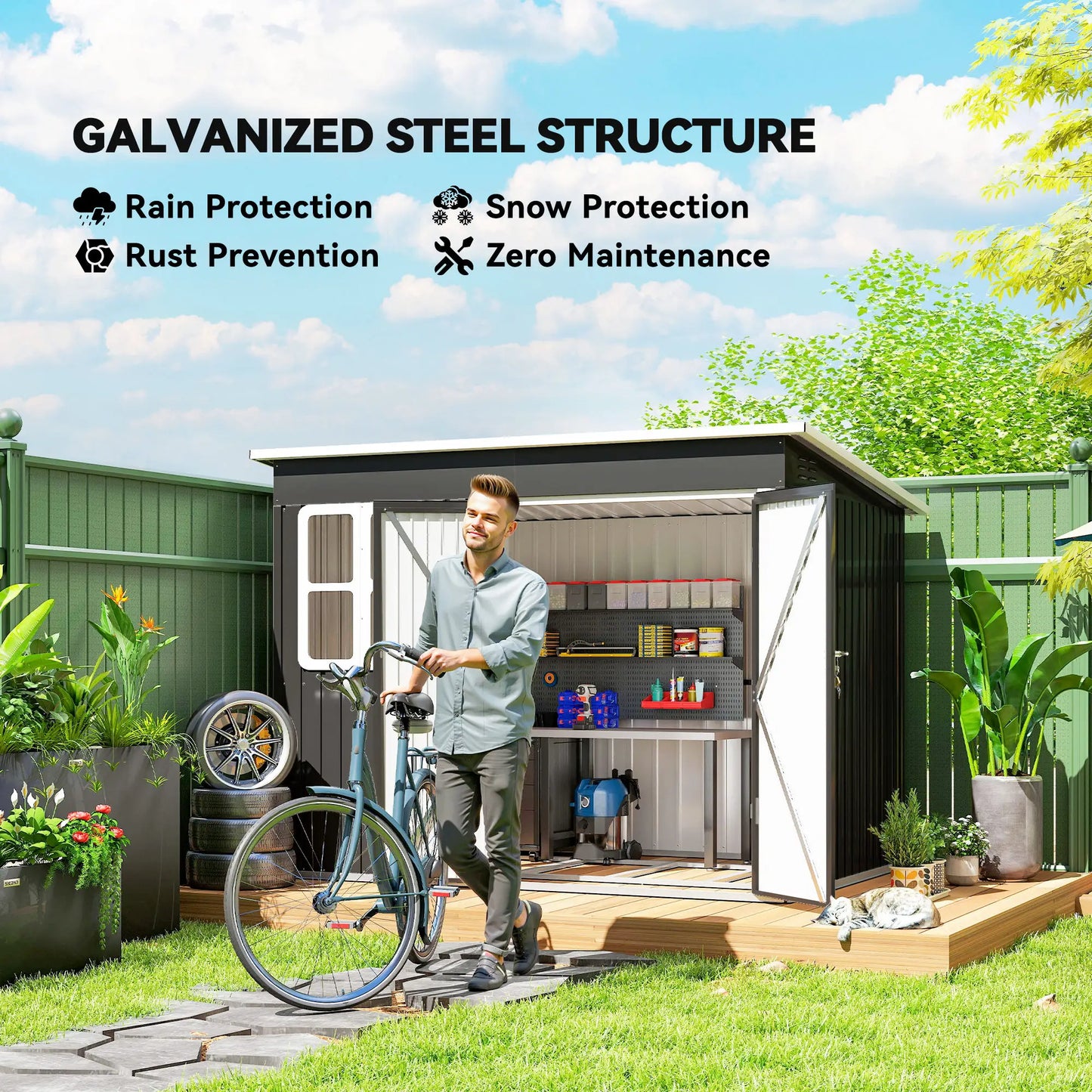 Outsunny 8.5 x 6ft Galvanised Steel Garden Storage Shed with Window & Lockable Doors, Dark Grey