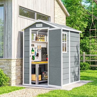 Outsunny 4 x 6ft Resin Garden Shed with Floor, Window, Lockable Door & Vents – Grey