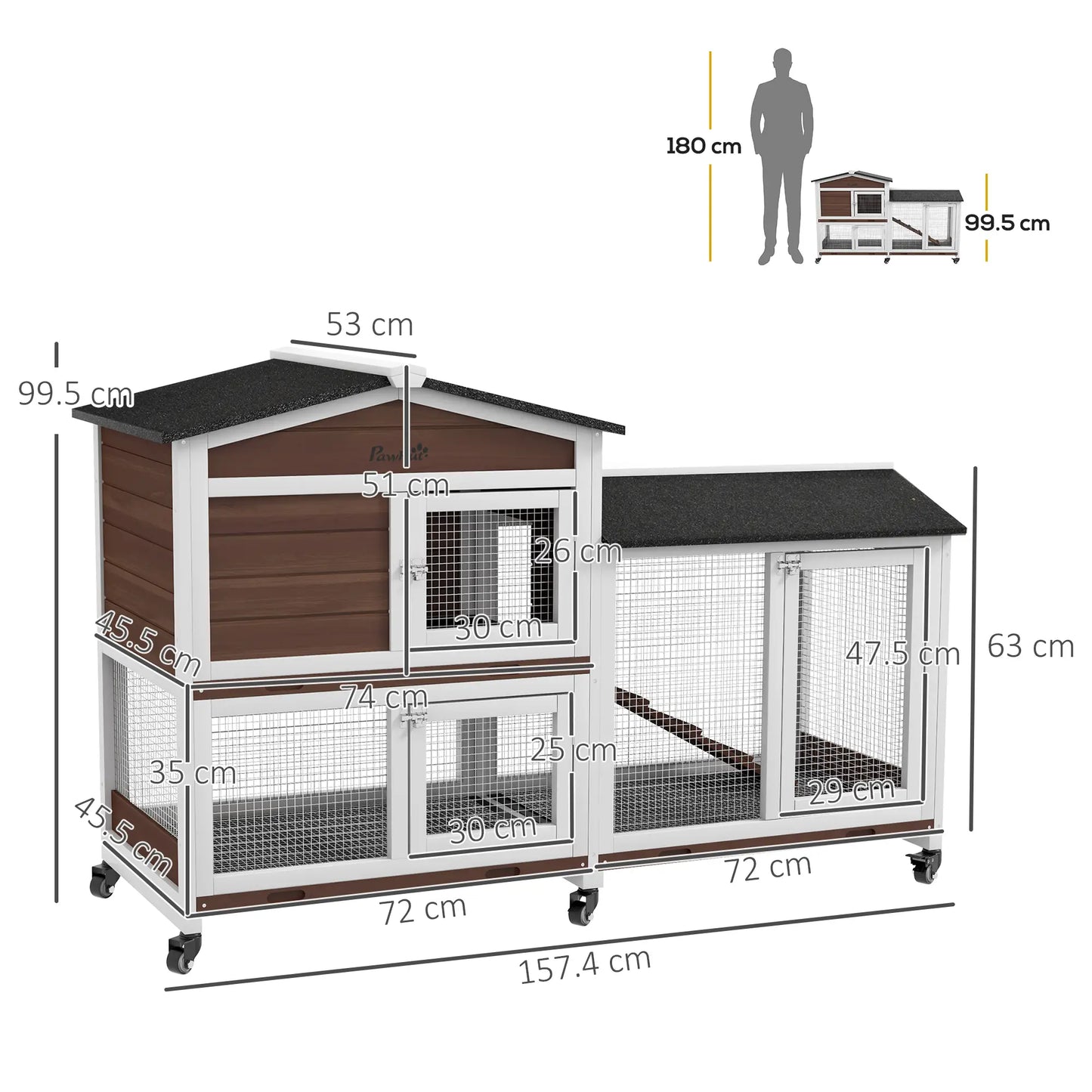 PawHut Wooden Two-Tier Rabbit Hutch with Run & Wheels – Brown
