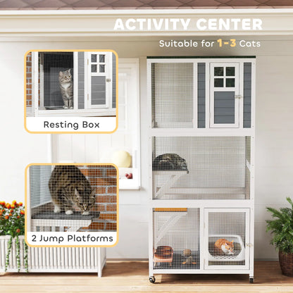 PawHut Wooden Catio Cat Outdoor Enclosure with Waterproof Roof - White