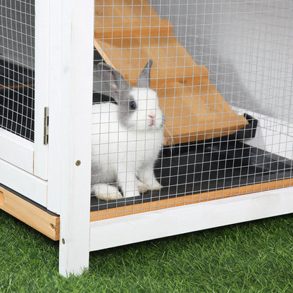 PawHut Two-Tier Wooden Rabbit Hutch with Run & Removable Trays – Yellow