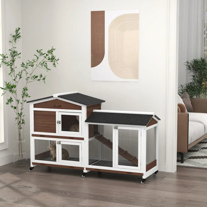 PawHut Wooden Two-Tier Rabbit Hutch with Run & Wheels – Brown