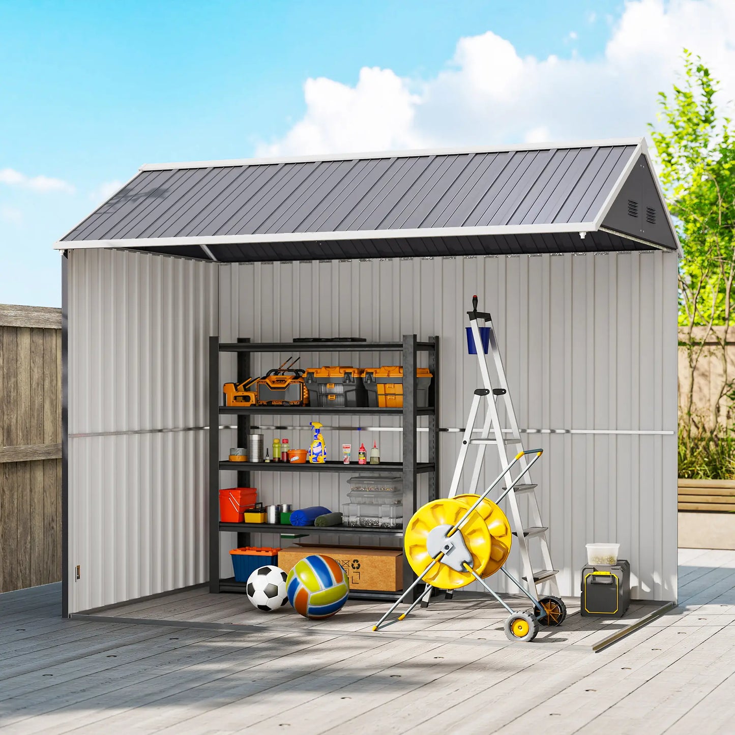 Outsunny 8 x 6ft Metal Garden Shed with Window, Air Vents & Double Doors, Grey