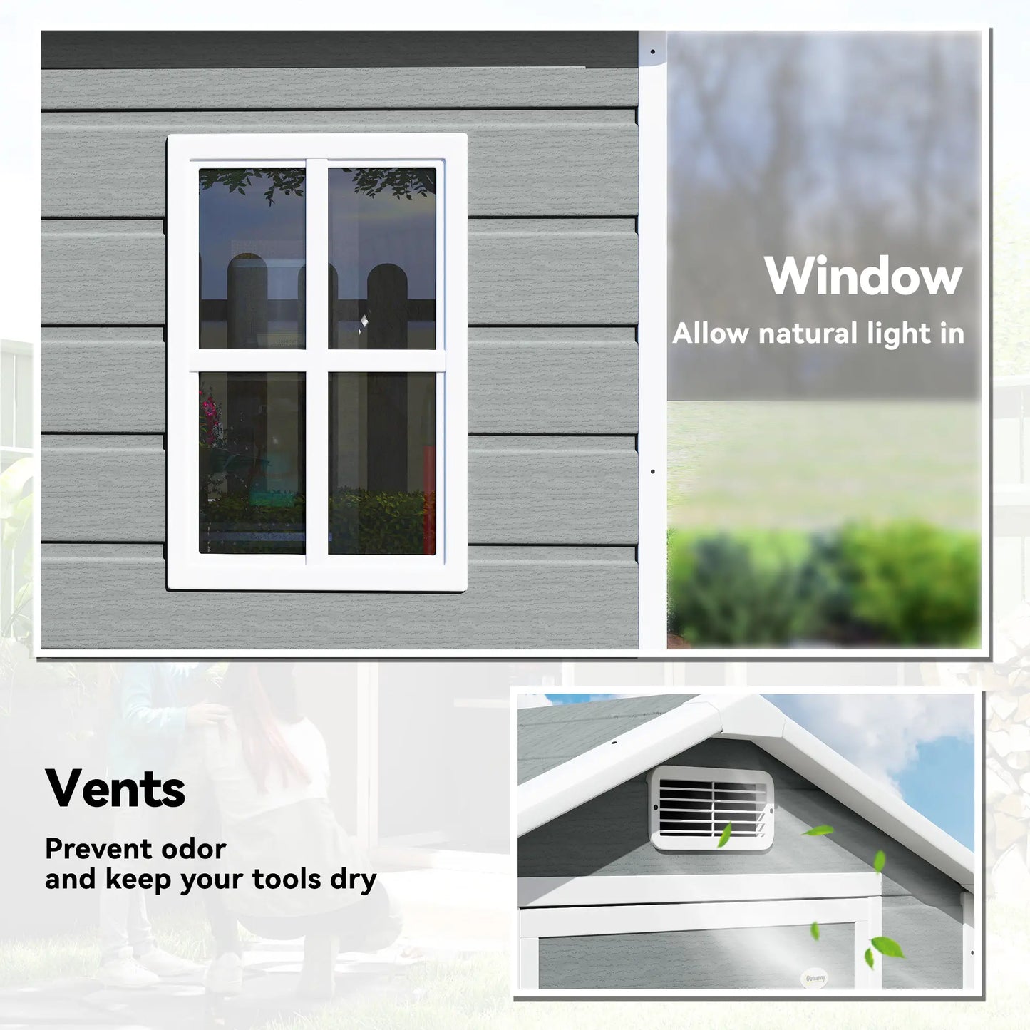 Outsunny 4 x 3ft Plastic Garden Shed with Floor, Lockable Door, Window & Vent – Light Grey
