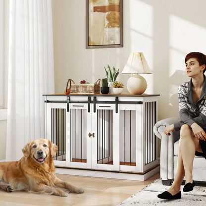 PawHut Dog Crate Furniture for Large Dogs & Small Dogs with Divider – White & Golden Oak