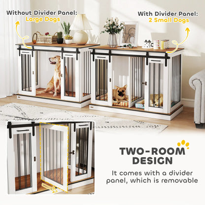 PawHut Dog Crate Furniture for Large Dogs & Small Dogs with Divider – White & Golden Oak
