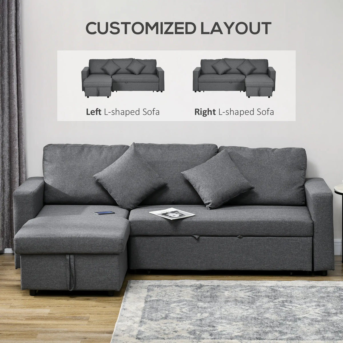 HOMCOM 3 Seater Sofa Bed with Storage - Dark Grey