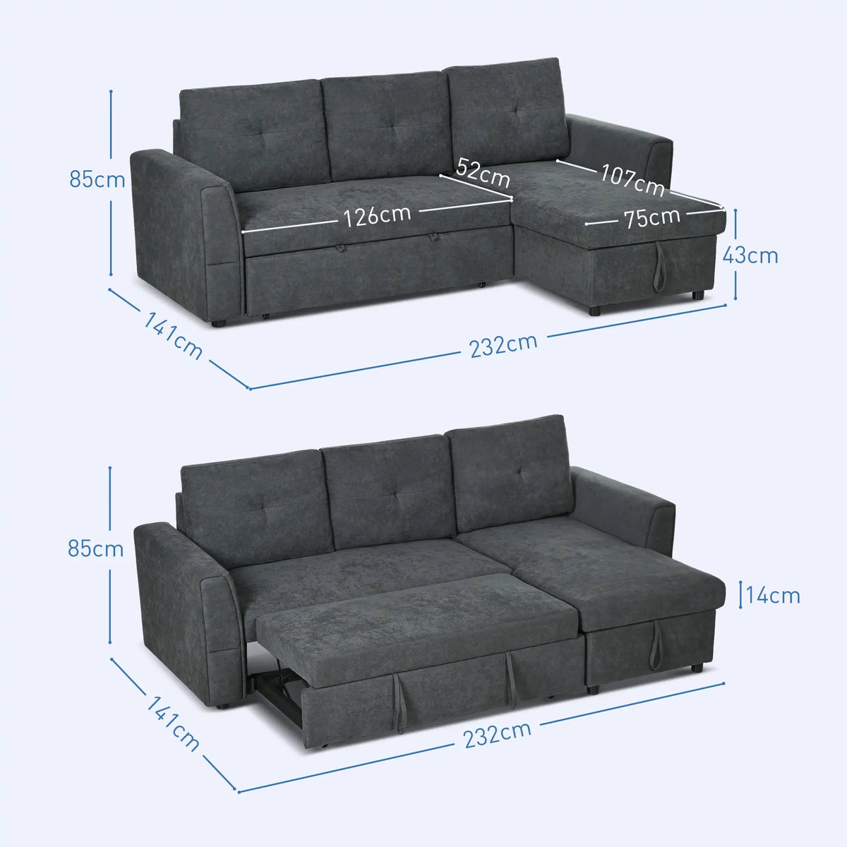 HOMCOM 3 Seater Sofa Bed with Storage - Dark Grey 839-191V70CG