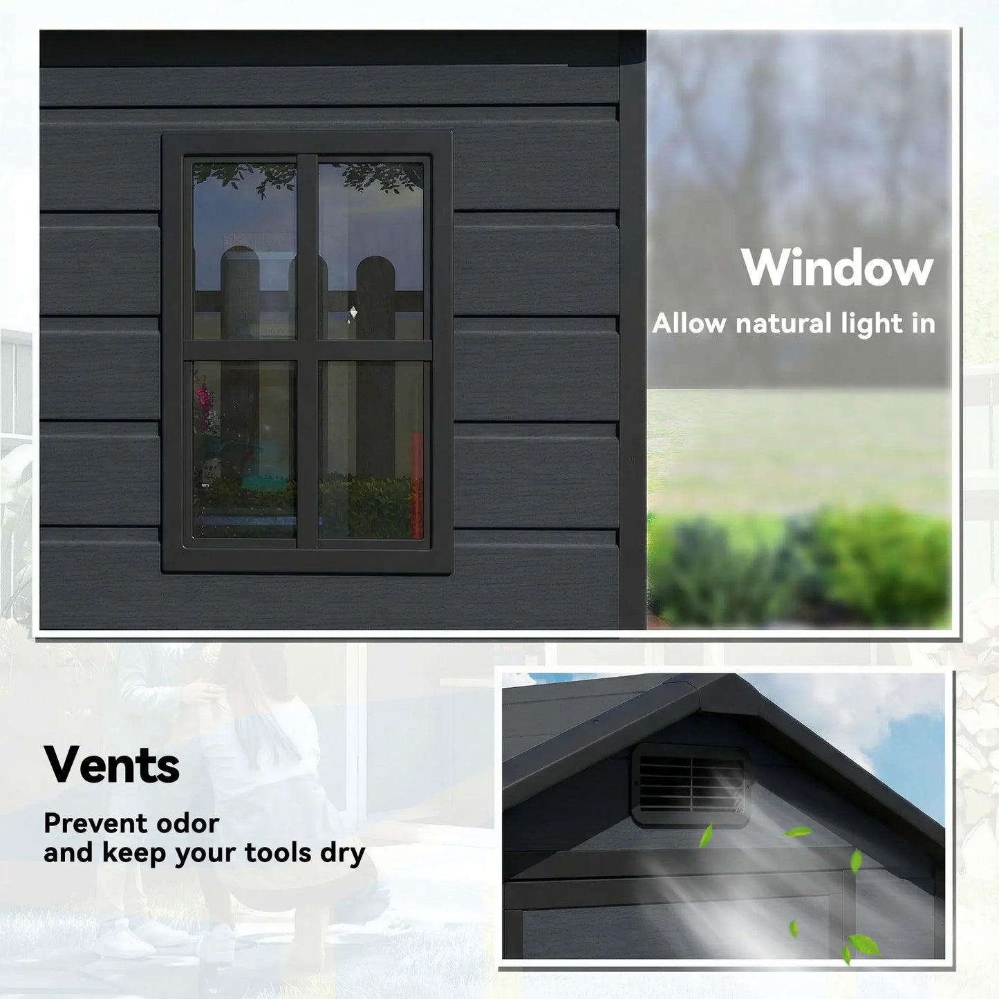 Outsunny 4 x 3ft Plastic Garden Shed with Floor, Lockable Door, Window & Vent – Dark Grey