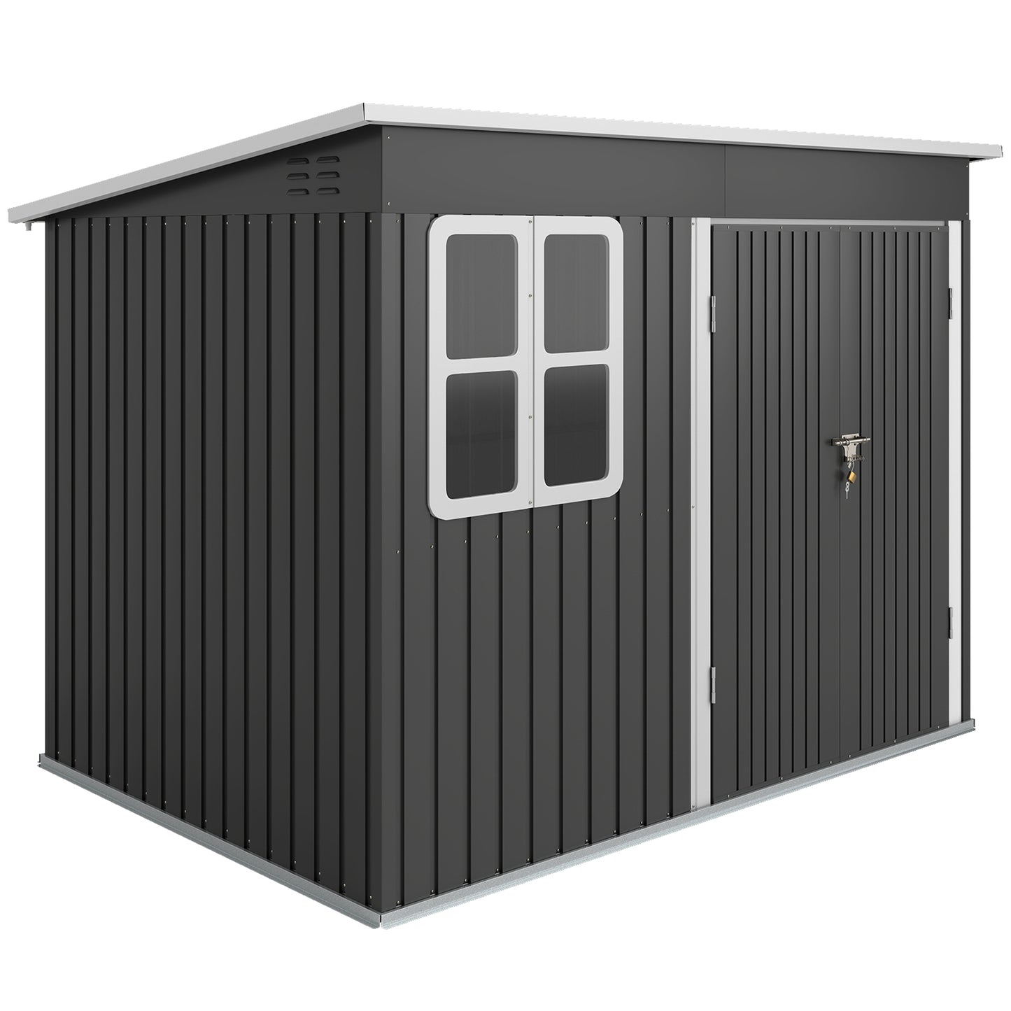 Outsunny 8.5 x 6ft Galvanised Steel Garden Storage Shed with Window & Lockable Doors, Dark Grey