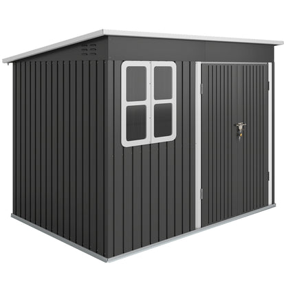 Outsunny 8.5 x 6ft Galvanised Steel Garden Storage Shed with Window & Lockable Doors, Dark Grey