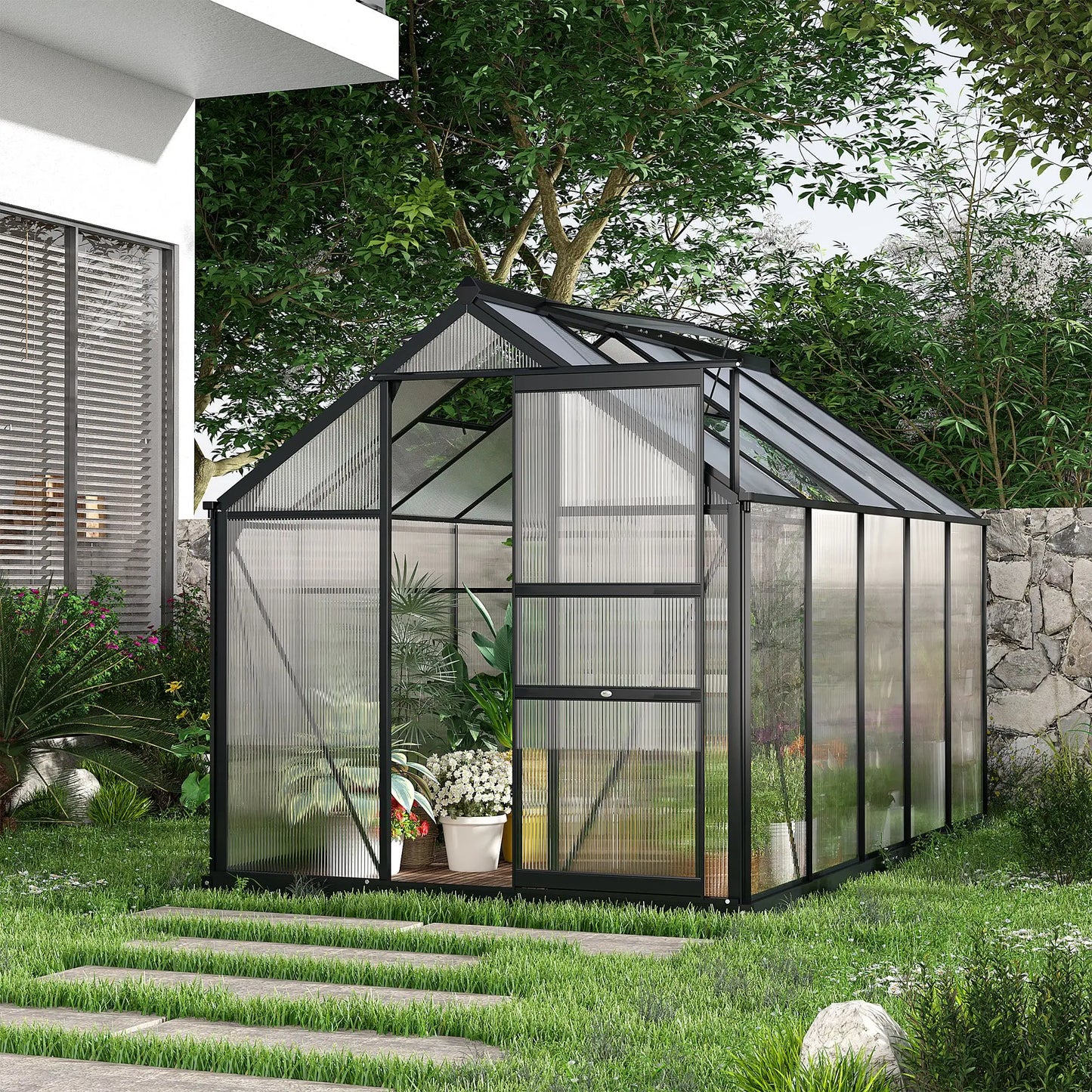 Outsunny 6 x 10 ft Polycarbonate Walk-In Greenhouse - Grey